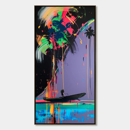 NEON TIDE: Vibrant Abstract Vertical Beach & Sea Painting | hanging in living room, Abstract wall art