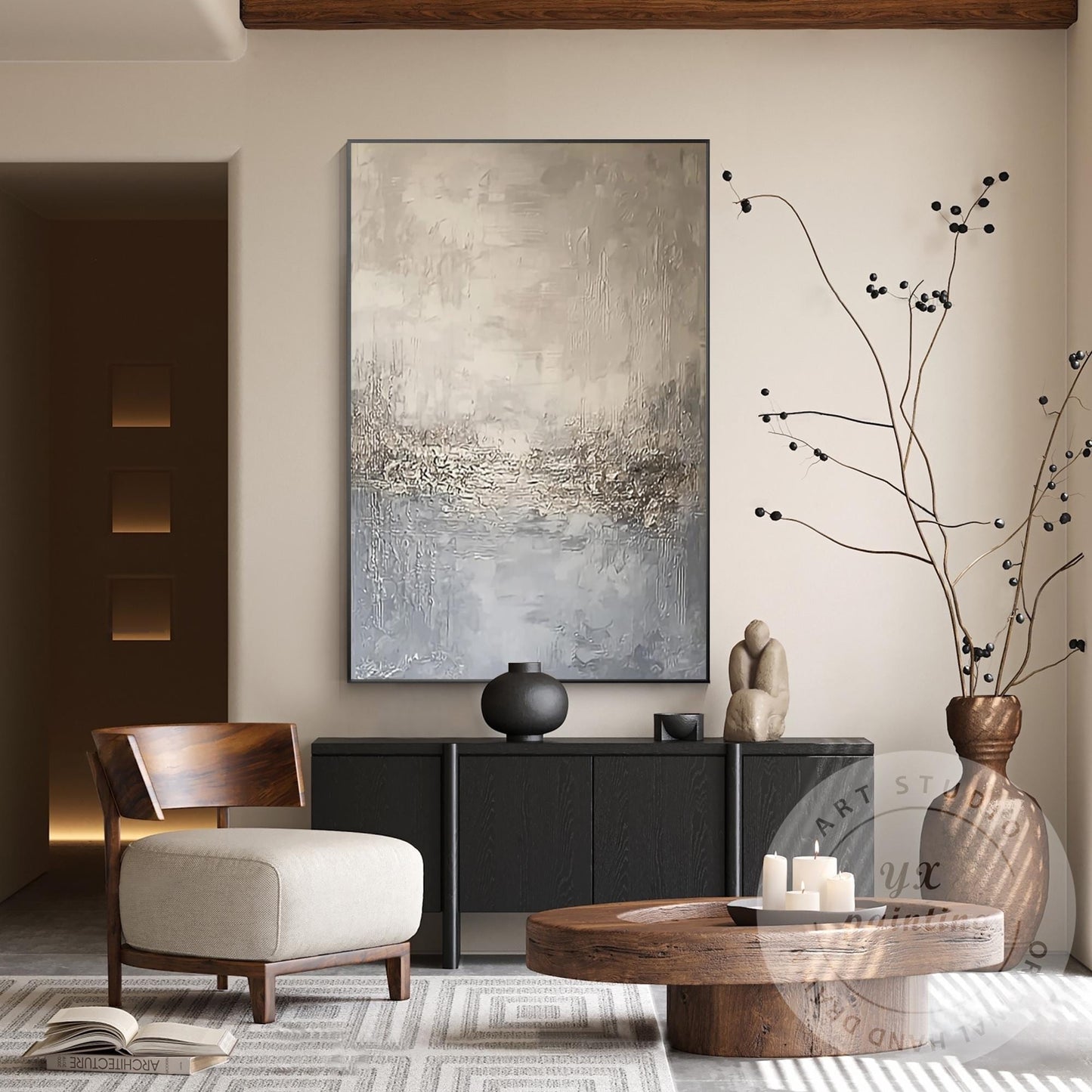 Neutral Abstract Landscape Wall Art, Beige Blue Textured Painting, Modern Minima #3