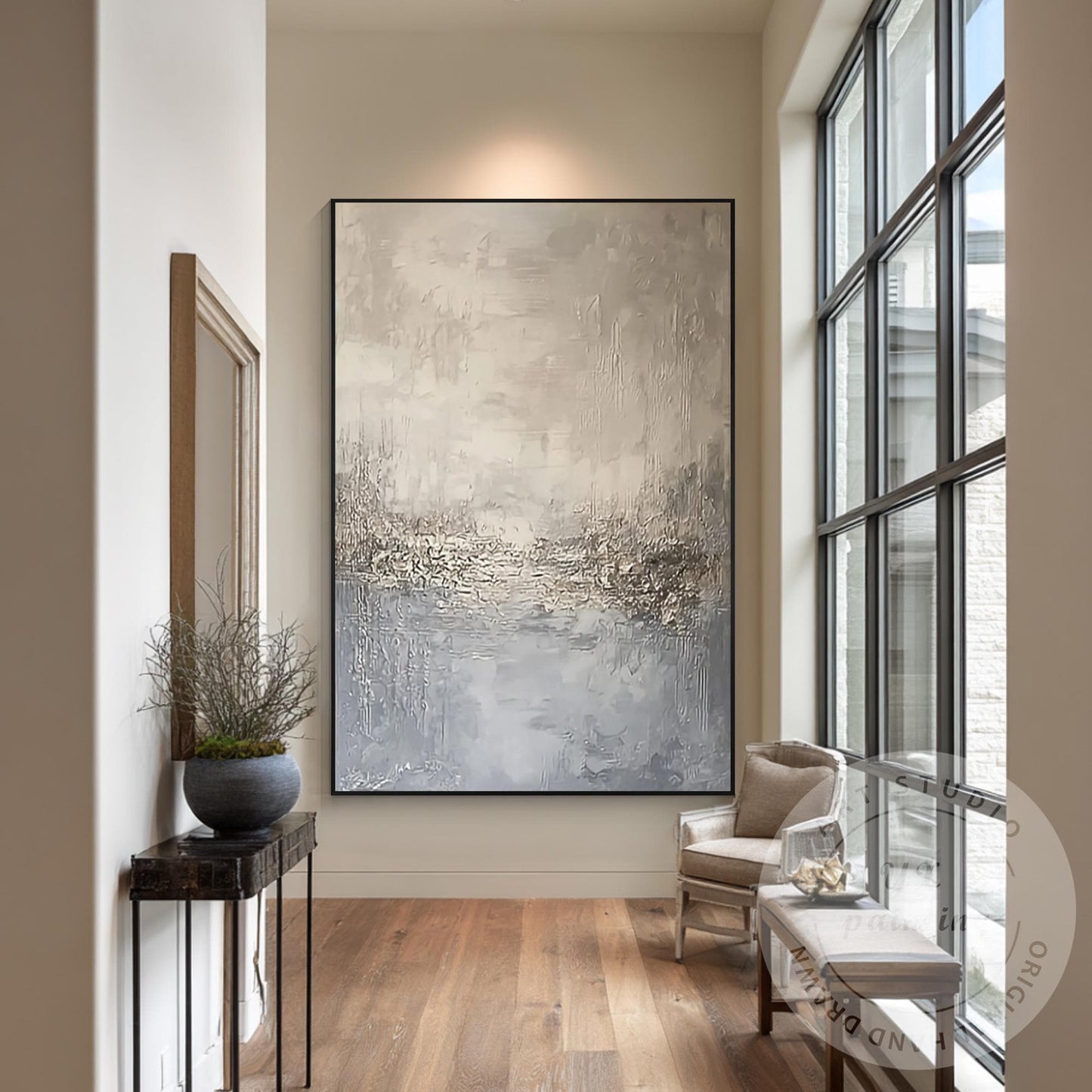 Neutral Abstract Landscape Wall Art, Beige Blue Textured Painting, Modern Minima #4