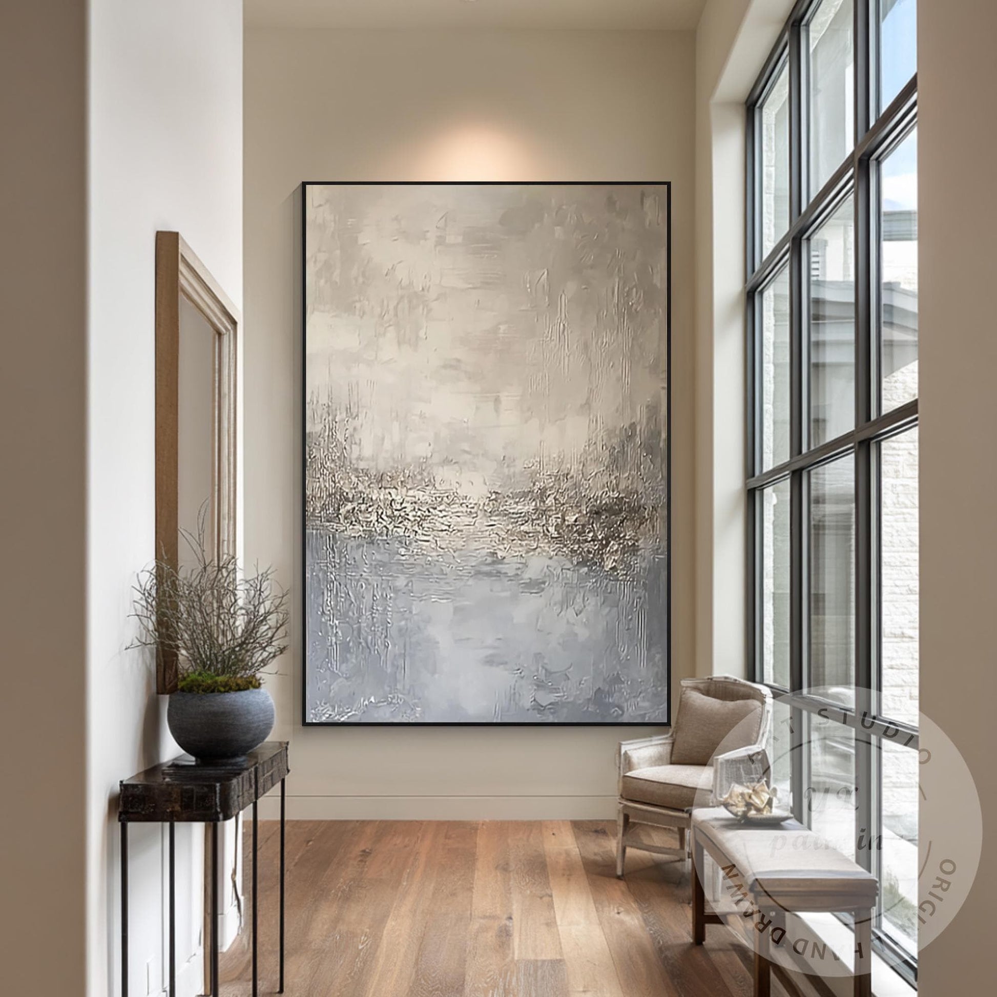 Neutral Abstract Landscape Wall Art, Beige Blue Textured Painting, Modern Minima #4