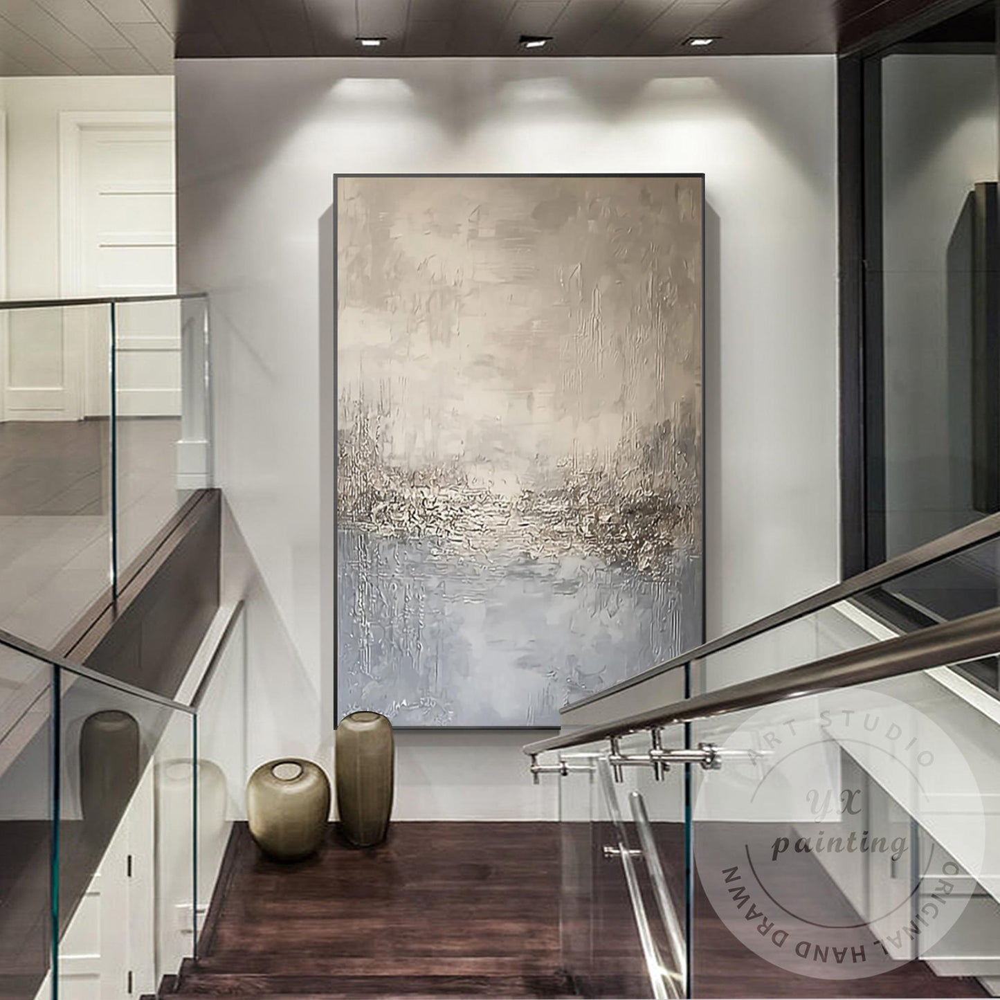 Neutral Abstract Landscape Wall Art, Beige Blue Textured Painting, Modern Minima #5