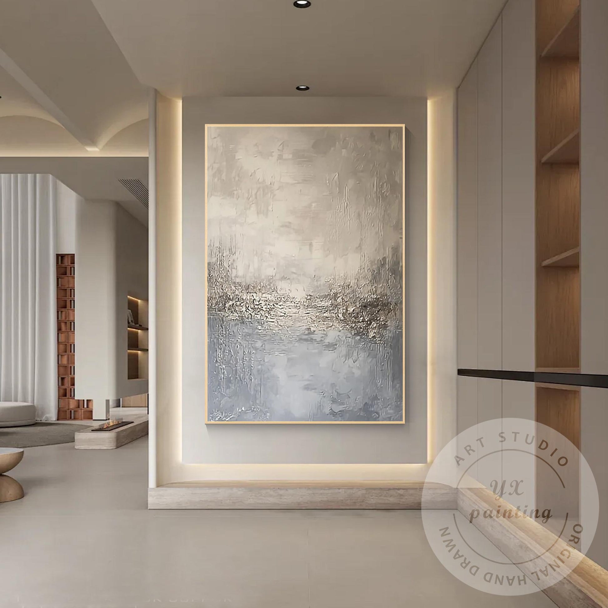 Neutral Abstract Landscape Wall Art, Beige Blue Textured Painting, Modern Minima #6