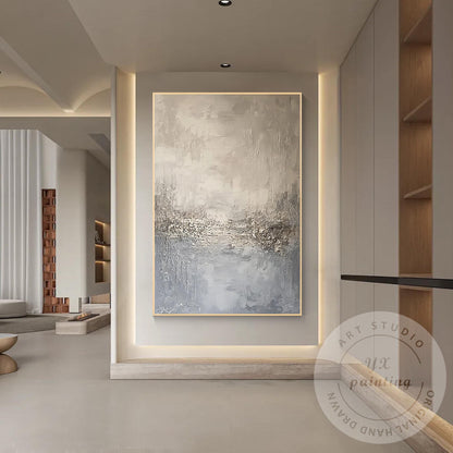 Neutral Abstract Landscape Wall Art, Beige Blue Textured Painting, Modern Minima #6