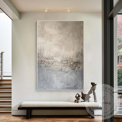 Neutral Abstract Landscape Wall Art, Beige Blue Textured Painting, Modern Minima #1