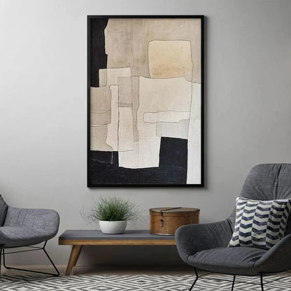 NEUTRAL ABSTRACT: Minimalist Abstract Painting in Beige and Black | gold frame stretched on neutral wall