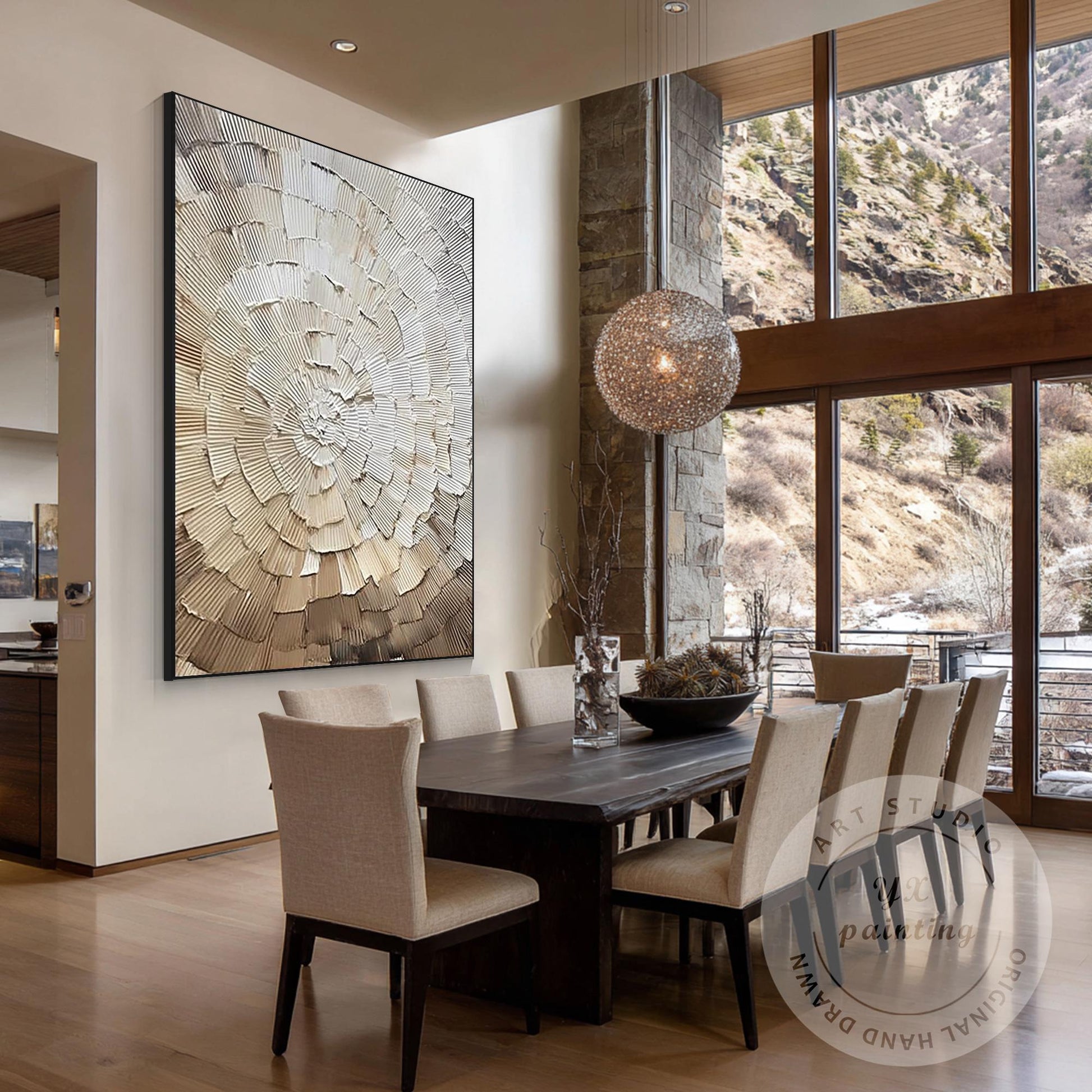 Neutral Abstract Texture Painting, Radial Circle Relief Wall Art, Minimalist Bei #2