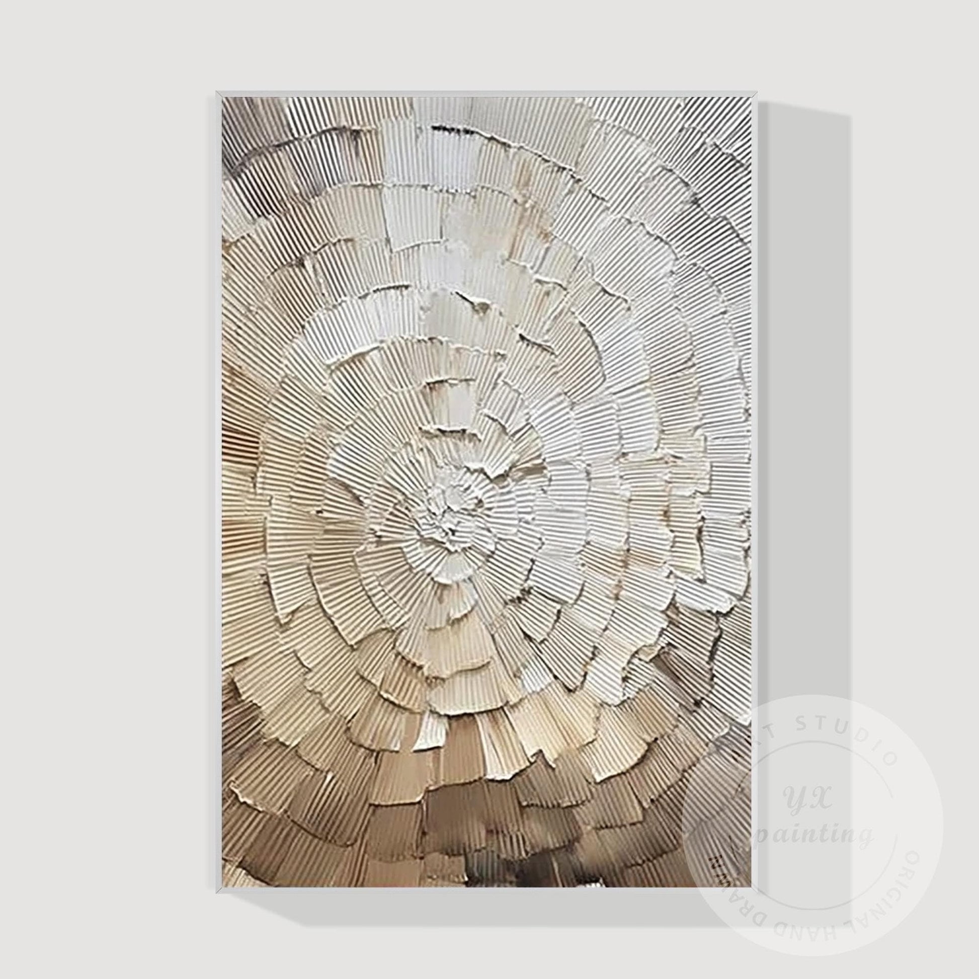 Neutral Abstract Texture Painting, Radial Circle Relief Wall Art, Minimalist Bei #12