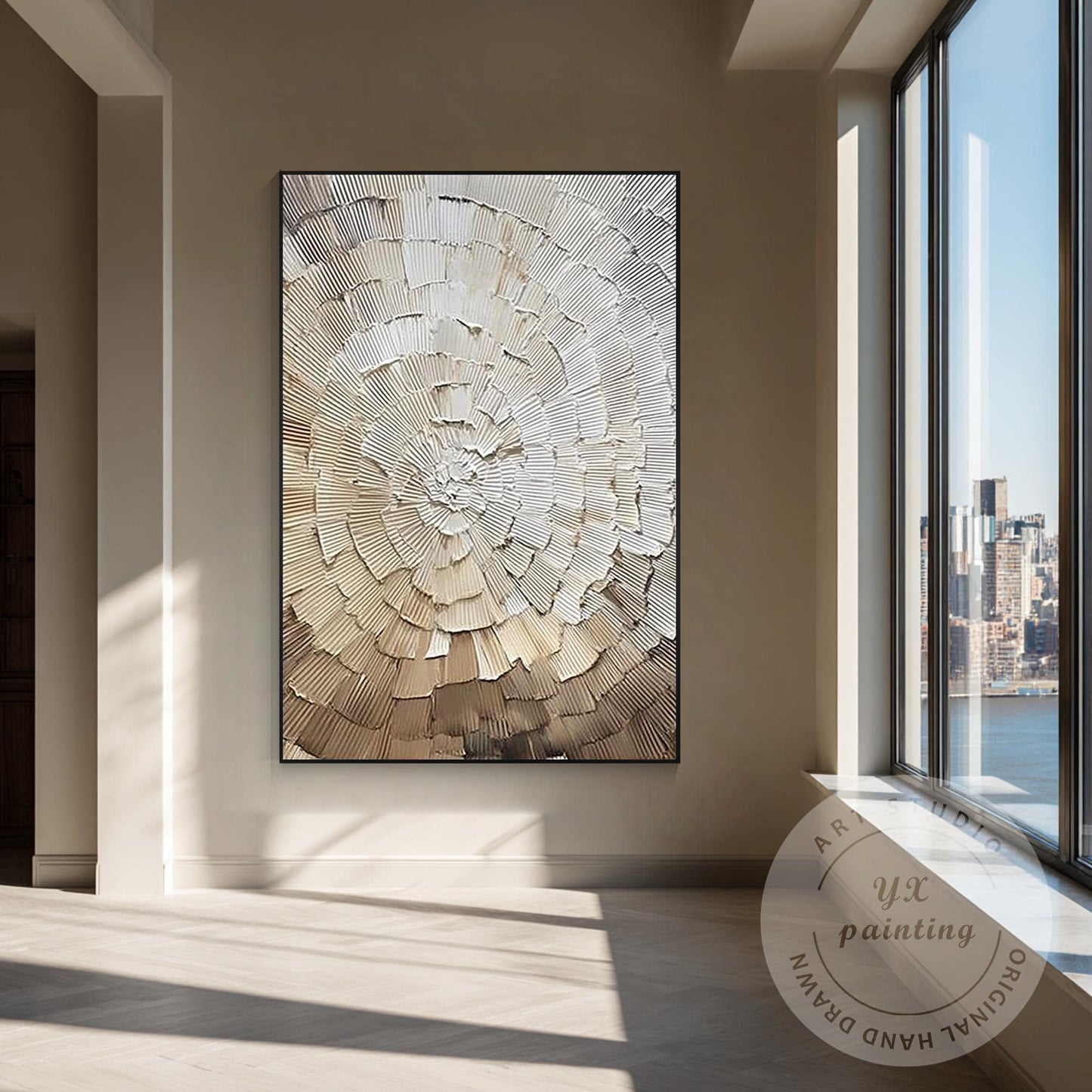 Neutral Abstract Texture Painting, Radial Circle Relief Wall Art, Minimalist Bei #3