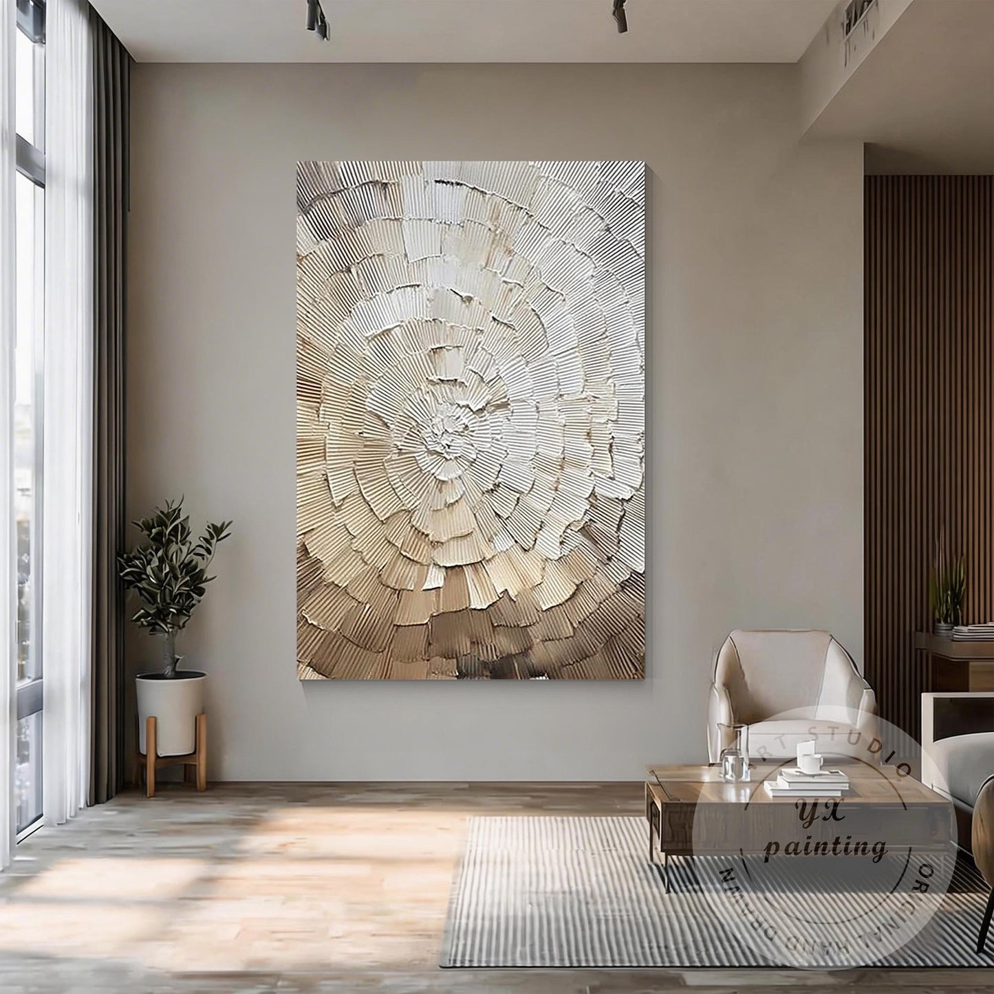 Neutral Abstract Texture Painting, Radial Circle Relief Wall Art, Minimalist Bei #4