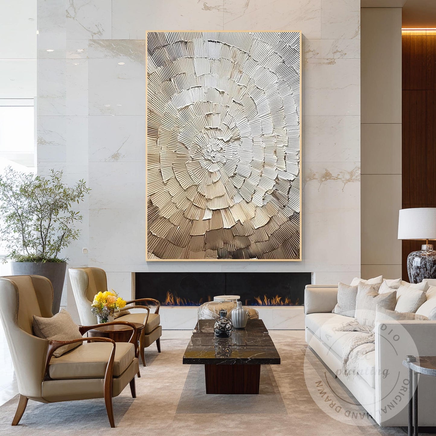 Neutral Abstract Texture Painting, Radial Circle Relief Wall Art, Minimalist Bei #5