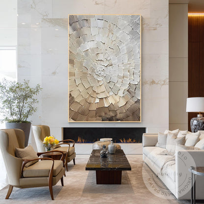 Neutral Abstract Texture Painting, Radial Circle Relief Wall Art, Minimalist Bei #5