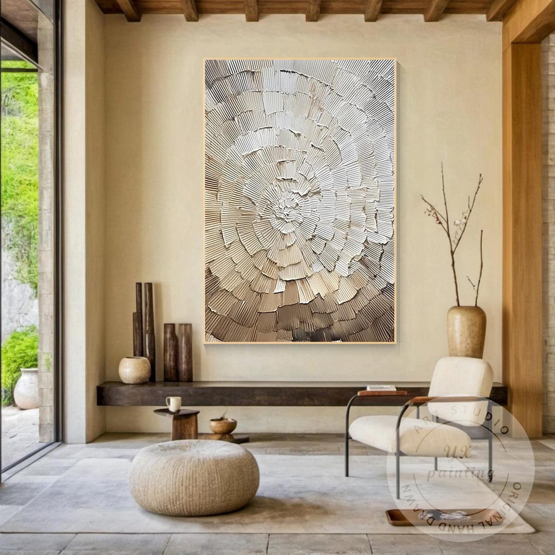 Neutral Abstract Texture Painting, Radial Circle Relief Wall Art, Minimalist Bei #1