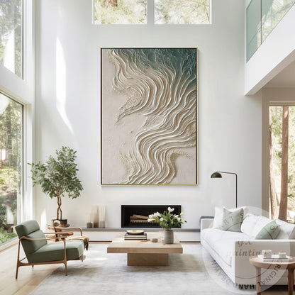 Neutral Beige Textured Wall Art, Large Coastal Wave Painting, Abstract Ocean Can #2