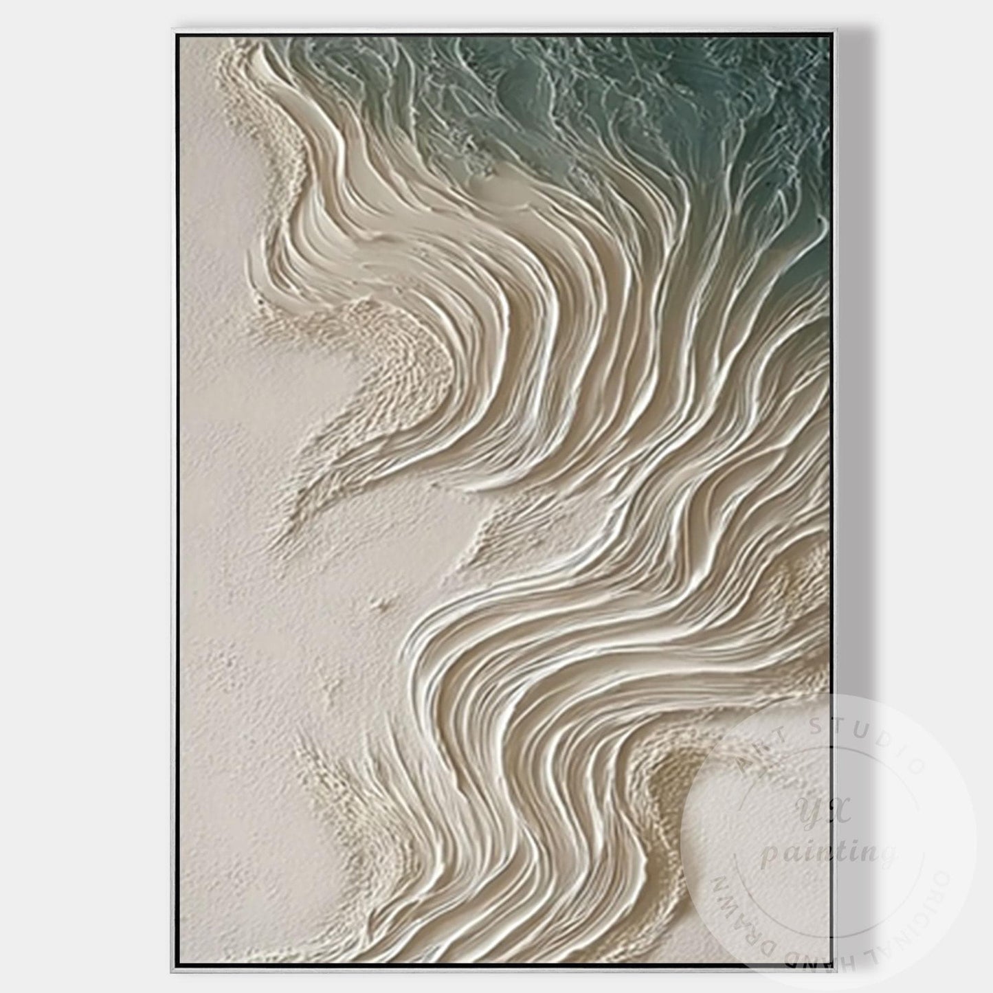 Neutral Beige Textured Wall Art, Large Coastal Wave Painting, Abstract Ocean Can #11