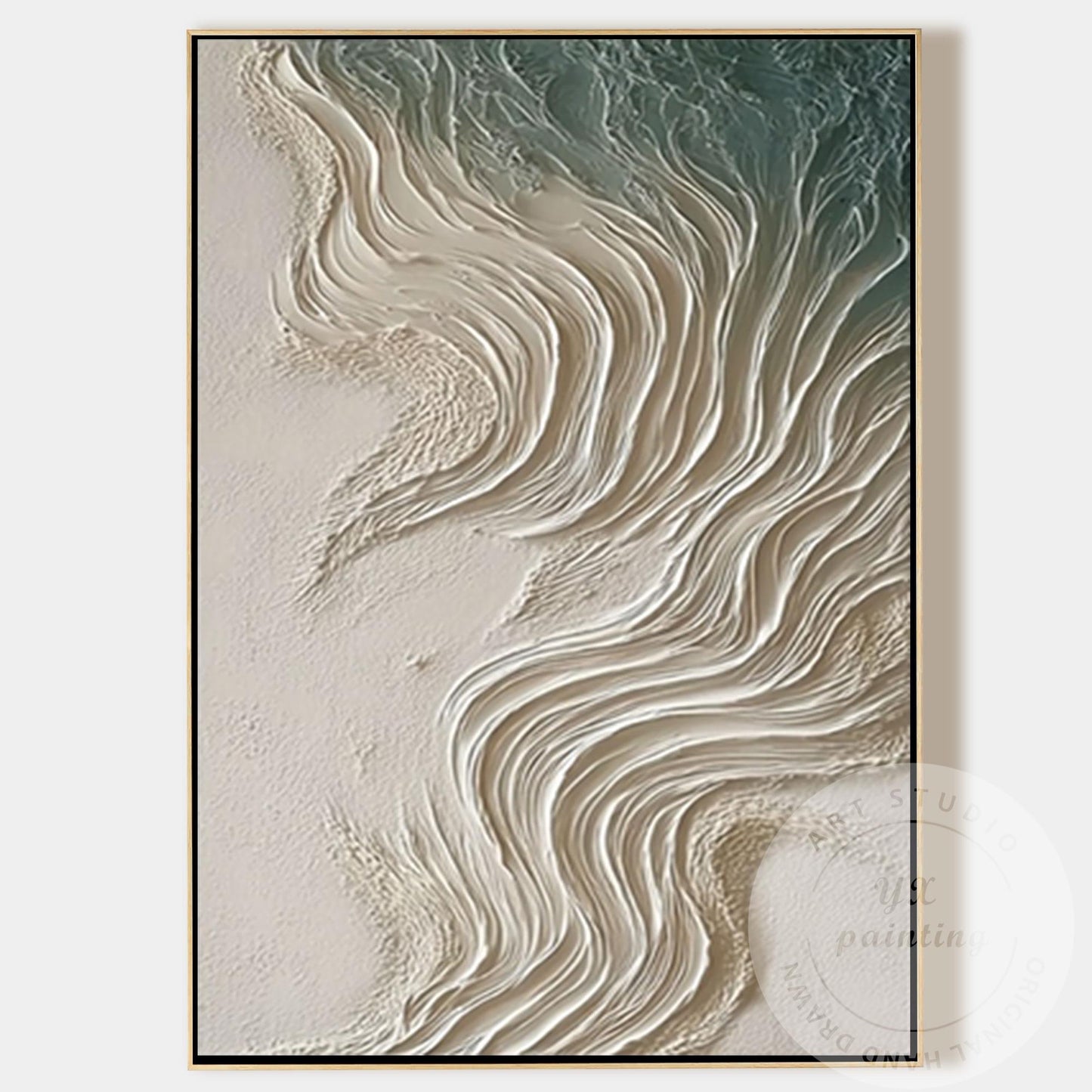 Neutral Beige Textured Wall Art, Large Coastal Wave Painting, Abstract Ocean Can #12