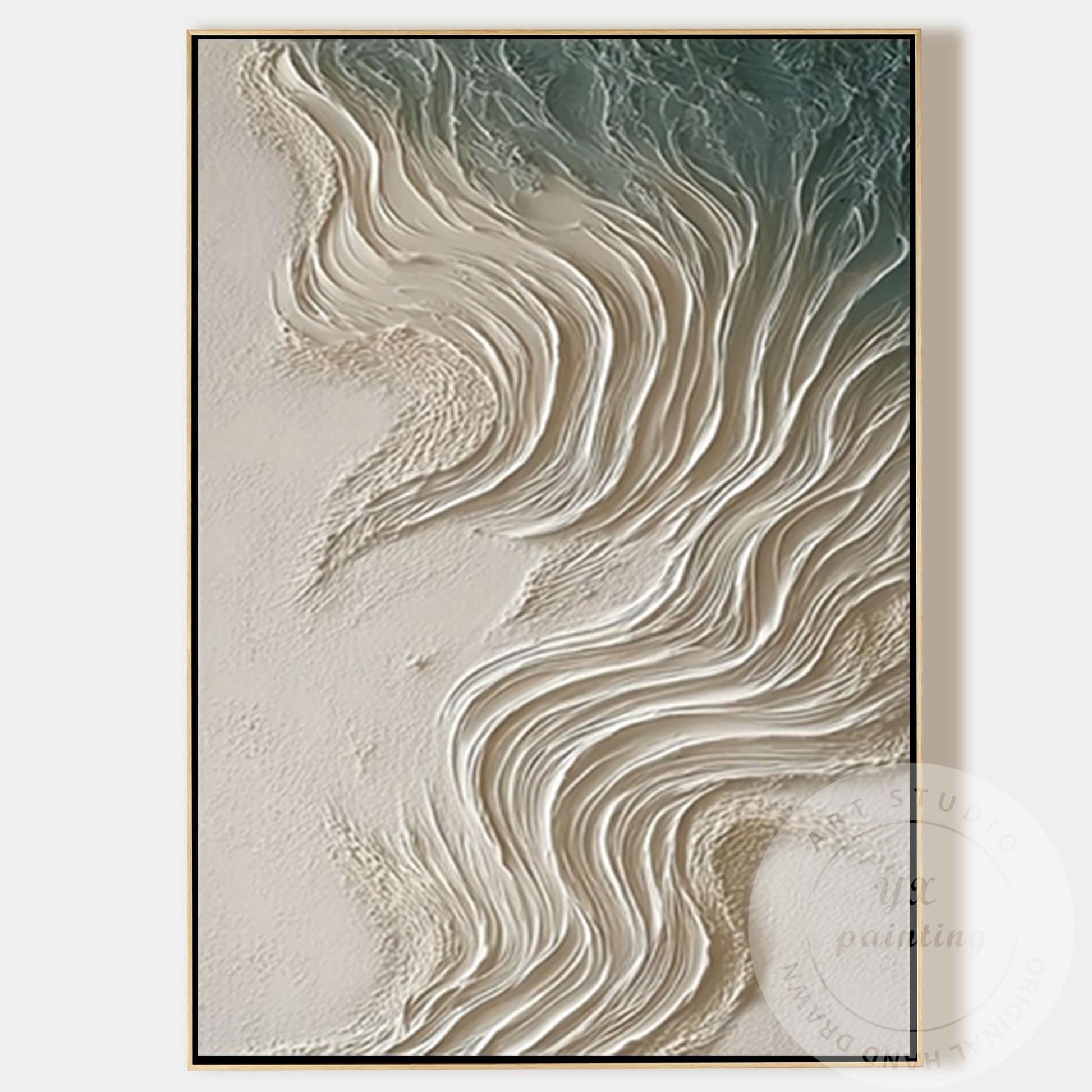 Neutral Beige Textured Wall Art, Large Coastal Wave Painting, Abstract Ocean Can #12