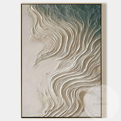 Neutral Beige Textured Wall Art, Large Coastal Wave Painting, Abstract Ocean Can #12