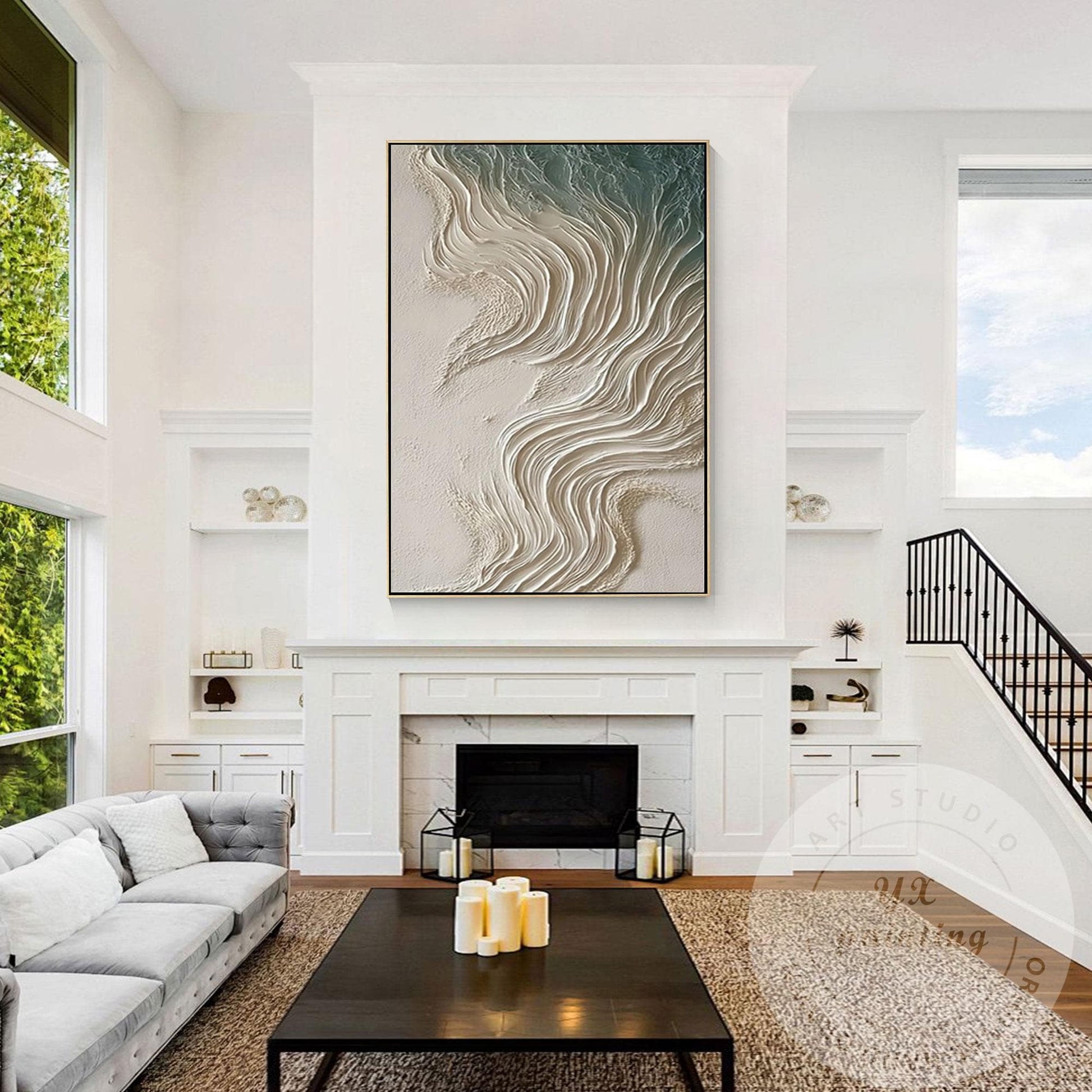 Neutral Beige Textured Wall Art, Large Coastal Wave Painting, Abstract Ocean Can #3