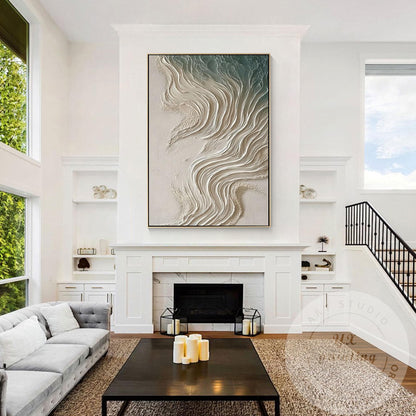 Neutral Beige Textured Wall Art, Large Coastal Wave Painting, Abstract Ocean Can #3