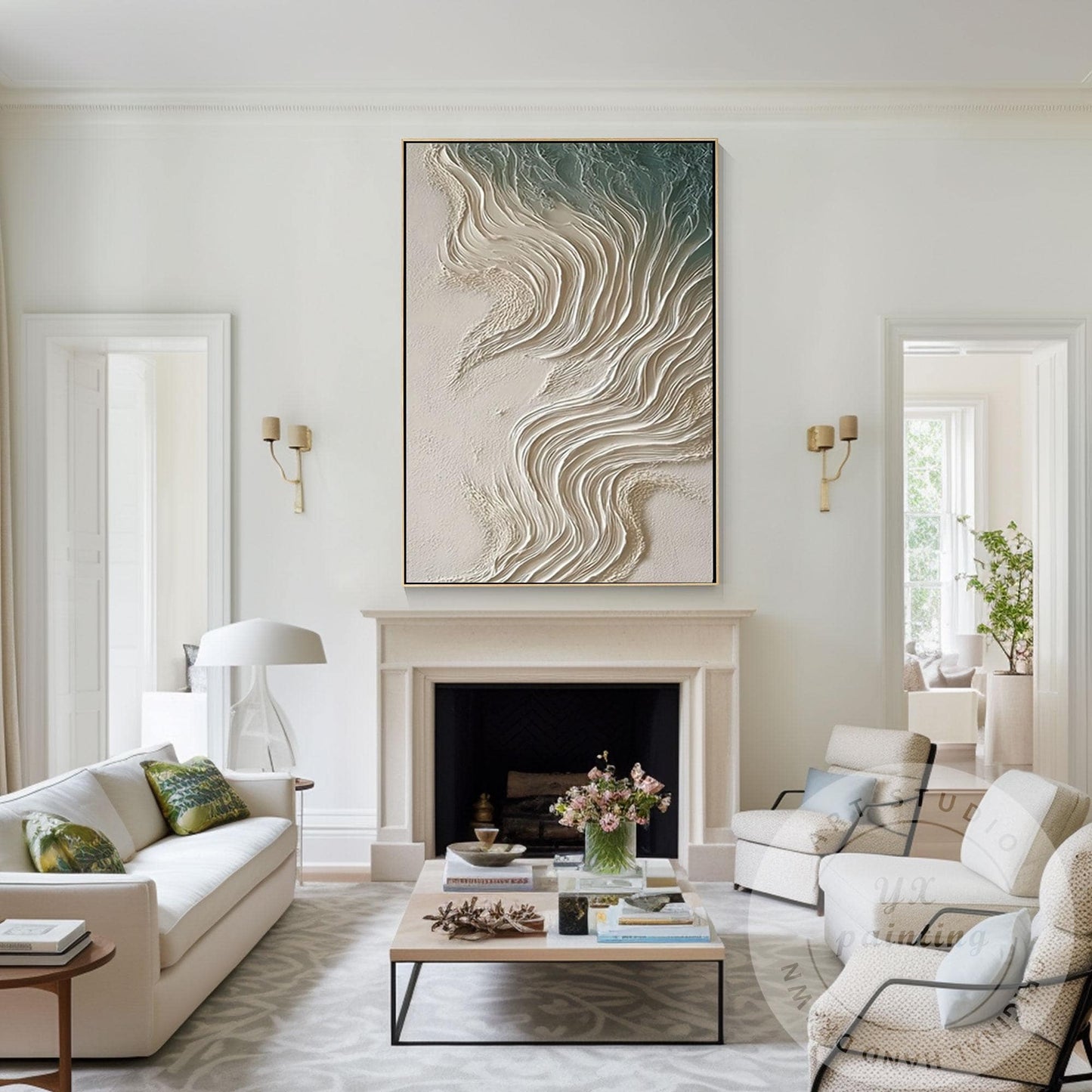 Neutral Beige Textured Wall Art, Large Coastal Wave Painting, Abstract Ocean Can #4