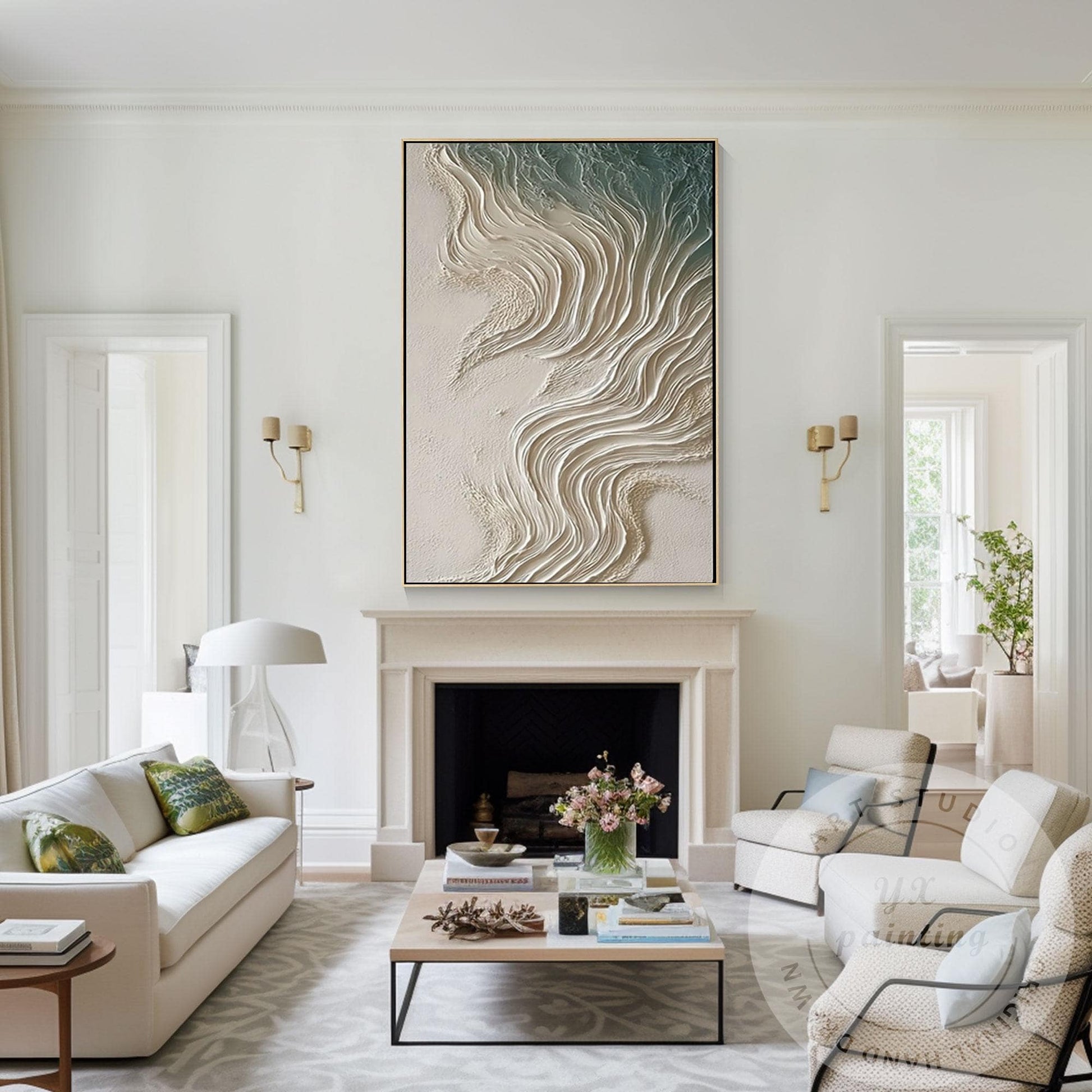 Neutral Beige Textured Wall Art, Large Coastal Wave Painting, Abstract Ocean Can #4