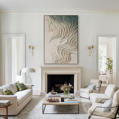 Neutral Beige Textured Wall Art, Large Coastal Wave Painting, Abstract Ocean Can #4