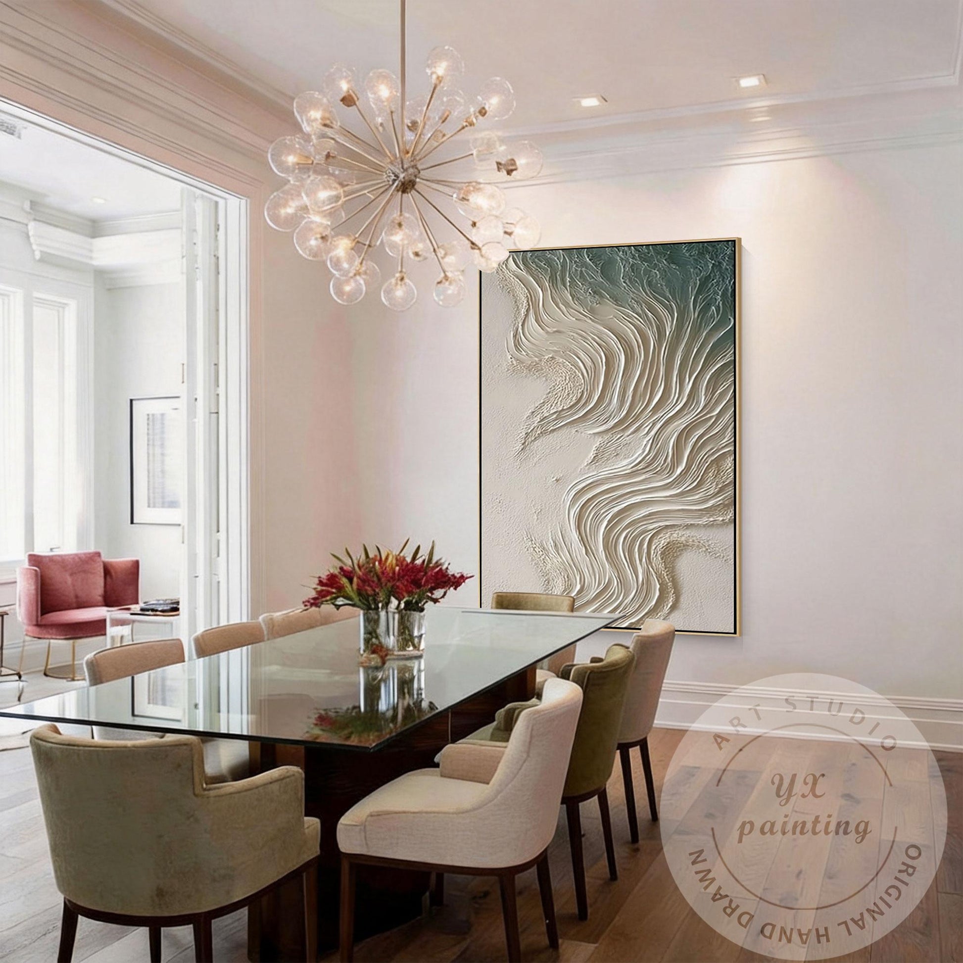 Neutral Beige Textured Wall Art, Large Coastal Wave Painting, Abstract Ocean Can #5