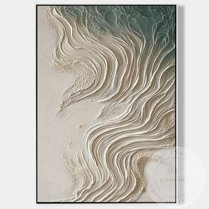 Neutral Beige Textured Wall Art, Large Coastal Wave Painting, Abstract Ocean Can #7