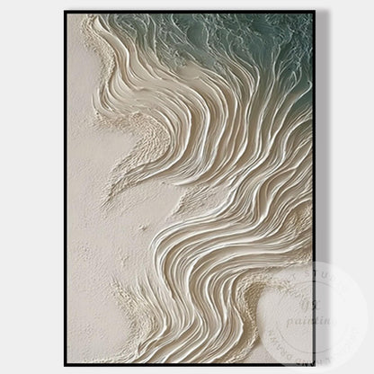 Neutral Beige Textured Wall Art, Large Coastal Wave Painting, Abstract Ocean Can #8