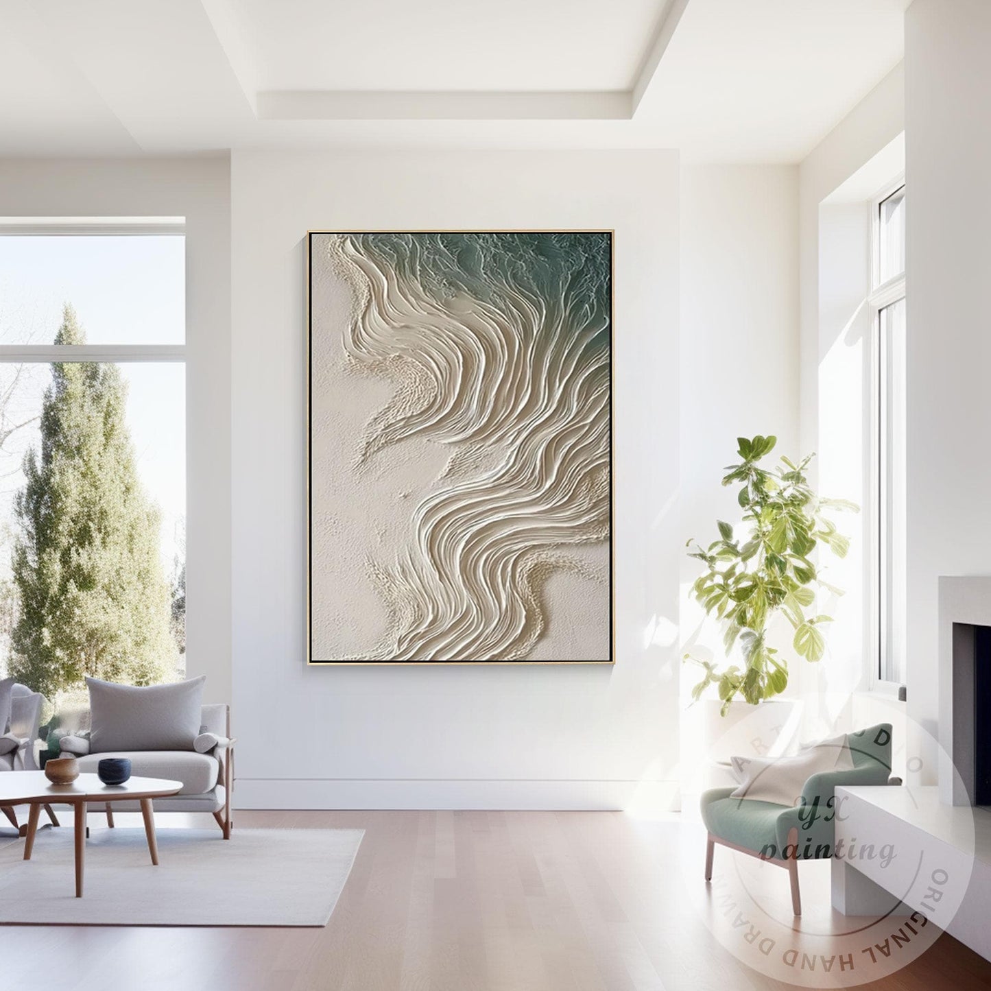 Neutral Beige Textured Wall Art, Large Coastal Wave Painting, Abstract Ocean Can #1