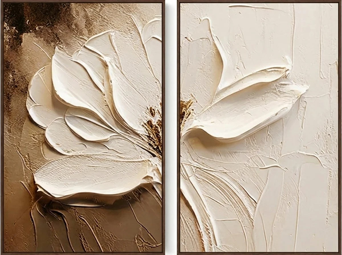 Neutral Boho Textured Floral Art Hand-Painted White Flower Diptych shown as textured wall art with a clear view of the artwork, color palette, and hand-finished canvas surface.