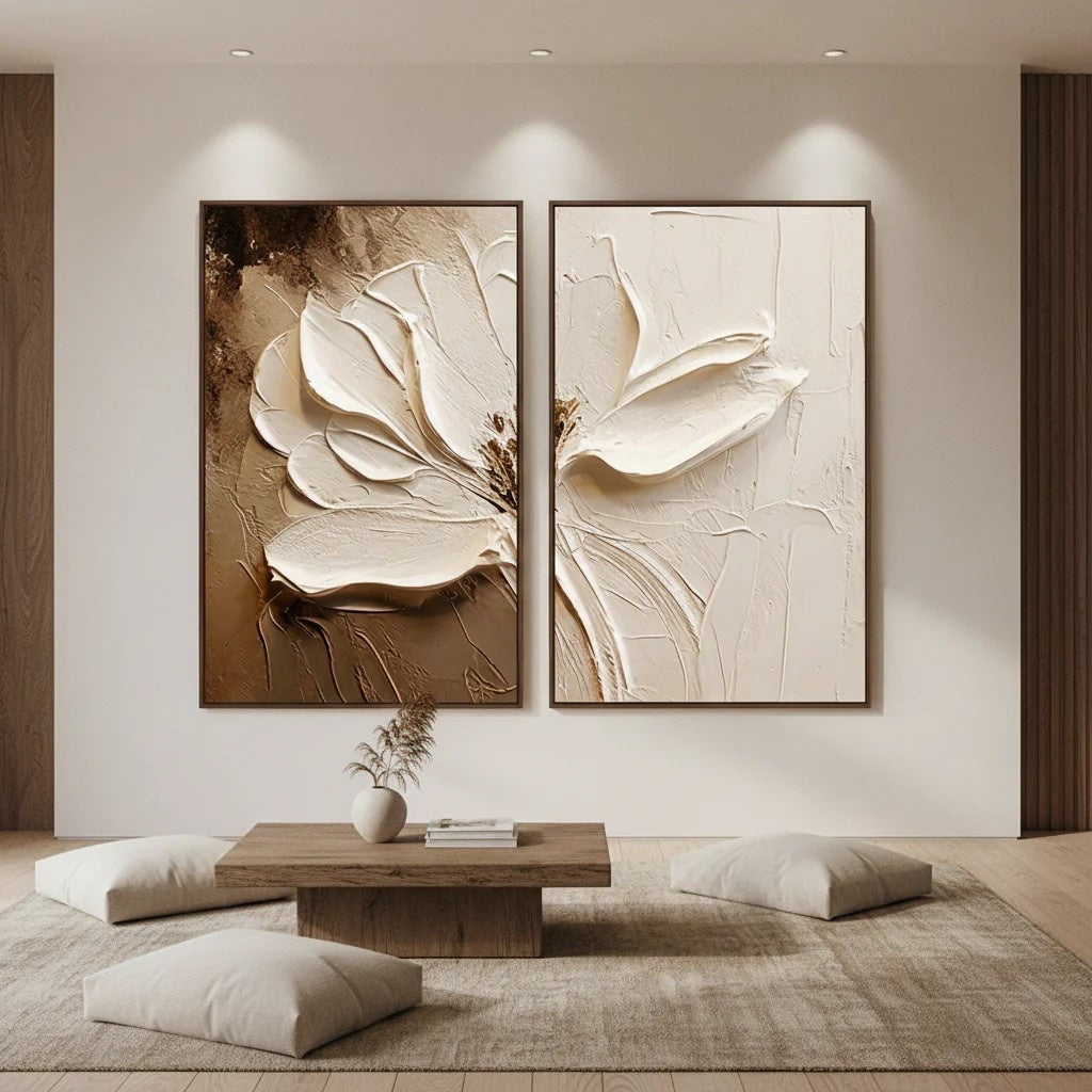 Neutral Boho Textured Floral Art Hand-Painted White Flower Diptych styled in a refined neutral room setting to show wall scale, calm proportion, and interior decor mood.