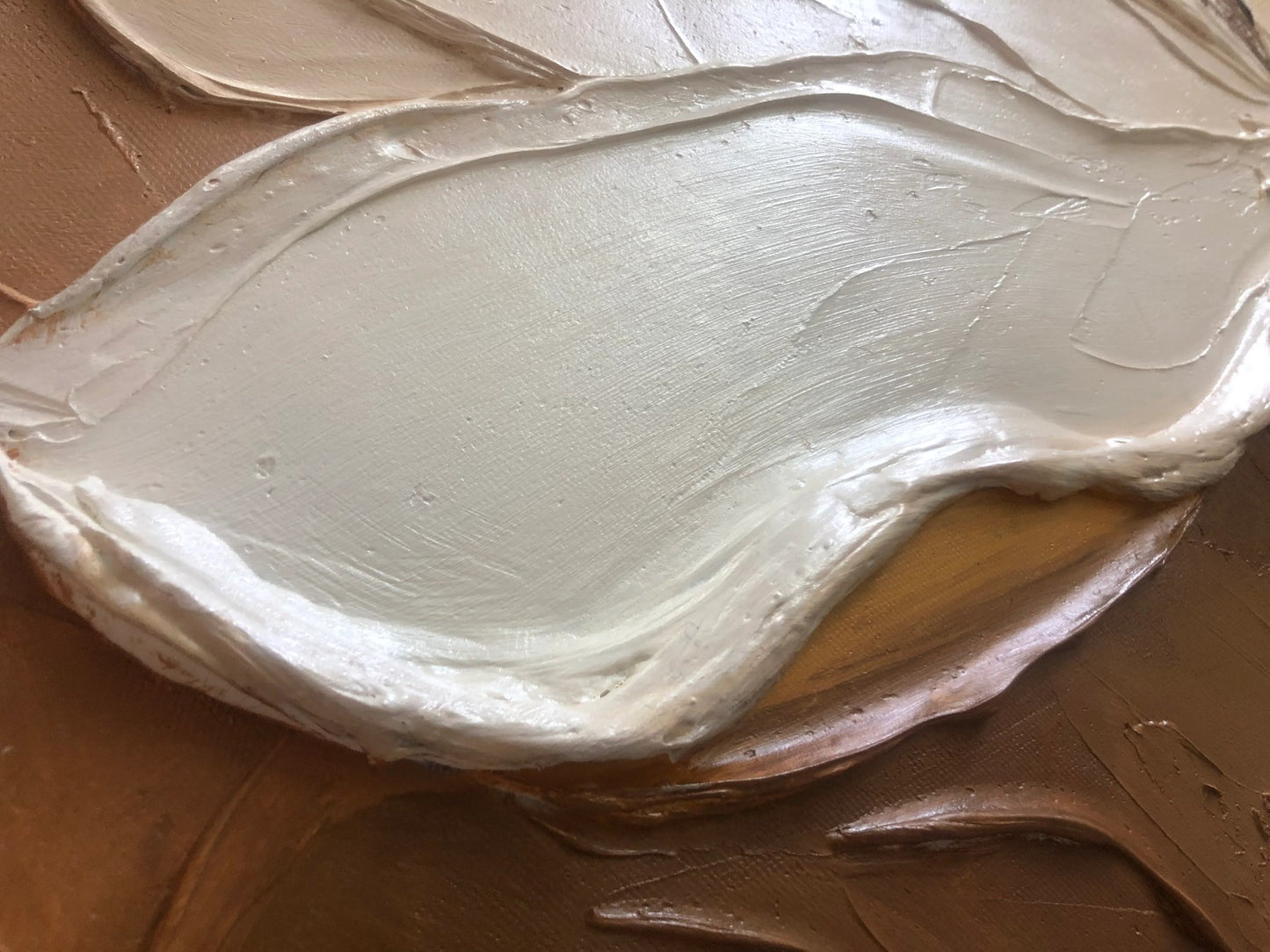 Close view of Neutral Boho Textured Floral Art Hand-Painted White Flower Diptych showing raised texture, layered brushwork, and tactile canvas detail for neutral home decor.