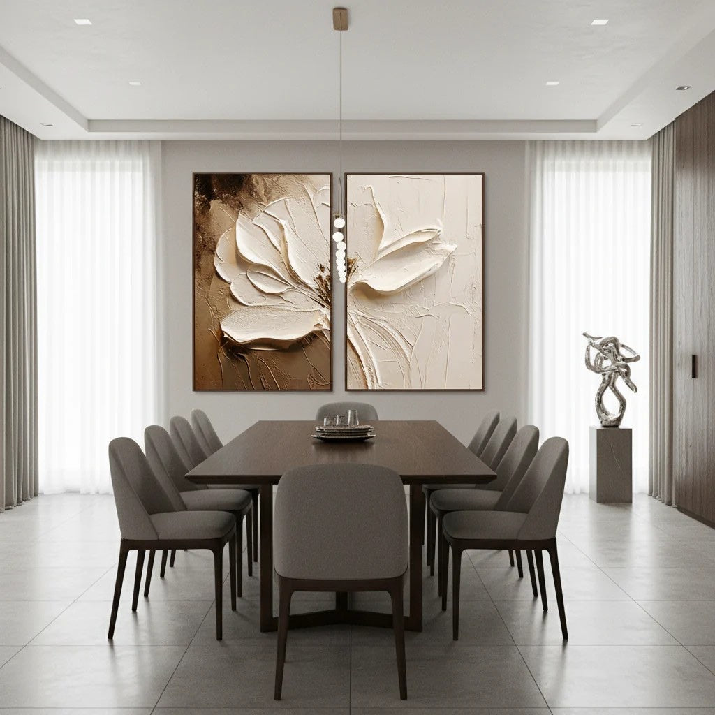 Neutral Boho Textured Floral Art Hand-Painted White Flower Diptych styled in a refined neutral room setting to show wall scale, calm proportion, and interior decor mood.