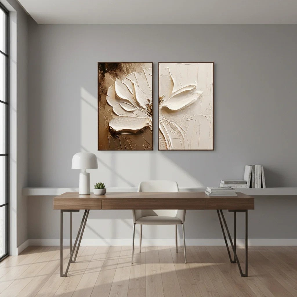 Neutral Boho Textured Floral Art Hand-Painted White Flower Diptych styled in a refined neutral room setting to show wall scale, calm proportion, and interior decor mood.