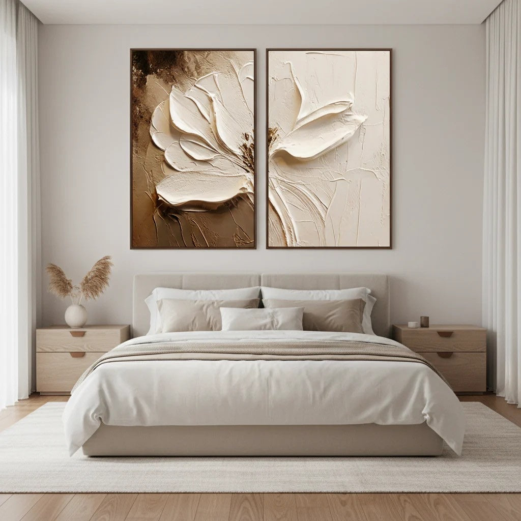 Neutral Boho Textured Floral Art Hand-Painted White Flower Diptych styled in a refined neutral room setting to show wall scale, calm proportion, and interior decor mood.