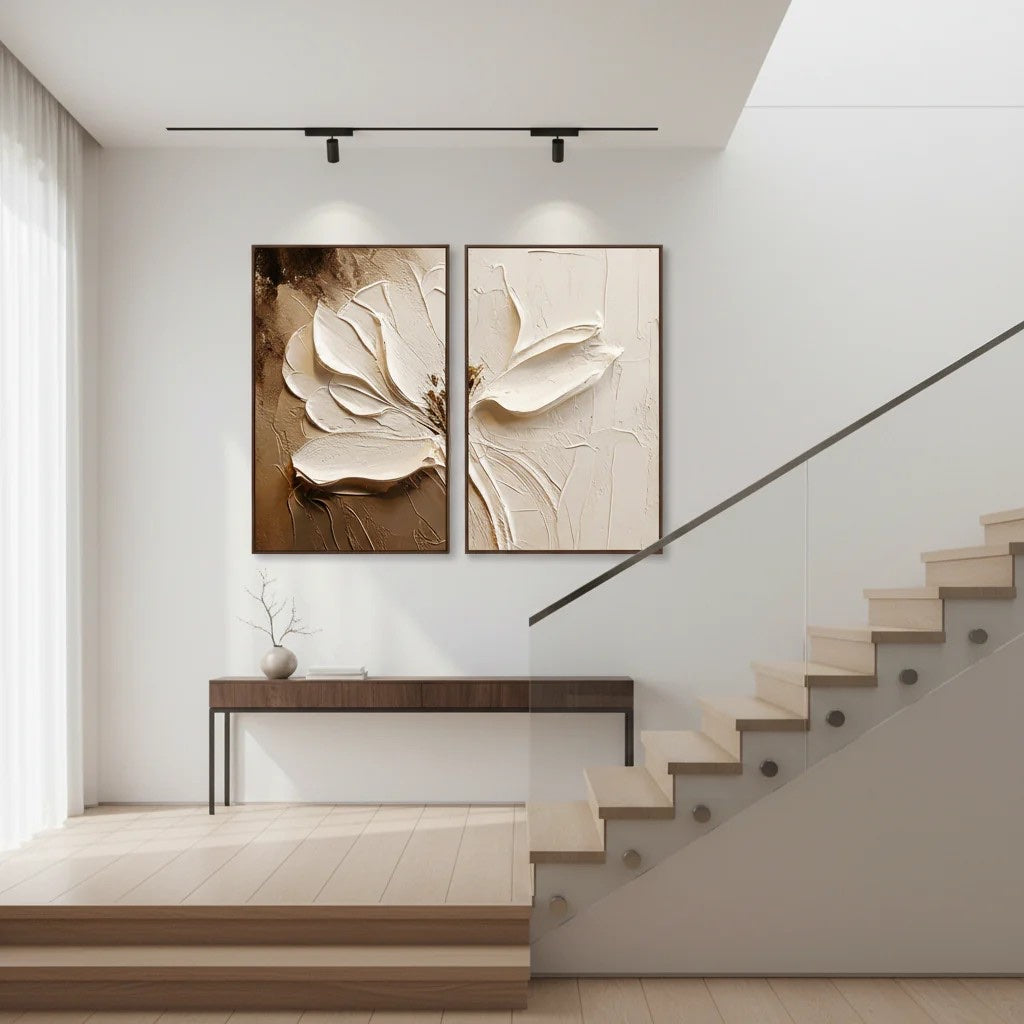 Neutral Boho Textured Floral Art Hand-Painted White Flower Diptych styled in a refined neutral room setting to show wall scale, calm proportion, and interior decor mood.