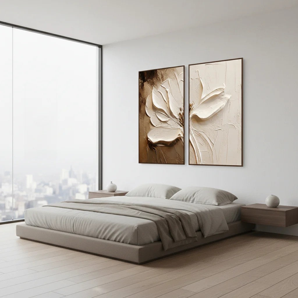 Neutral Boho Textured Floral Art Hand-Painted White Flower Diptych styled in a refined neutral room setting to show wall scale, calm proportion, and interior decor mood.