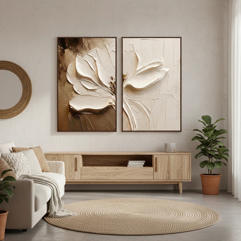 Neutral Boho Textured Floral Art Hand-Painted White Flower Diptych styled in a refined neutral room setting to show wall scale, calm proportion, and interior decor mood.