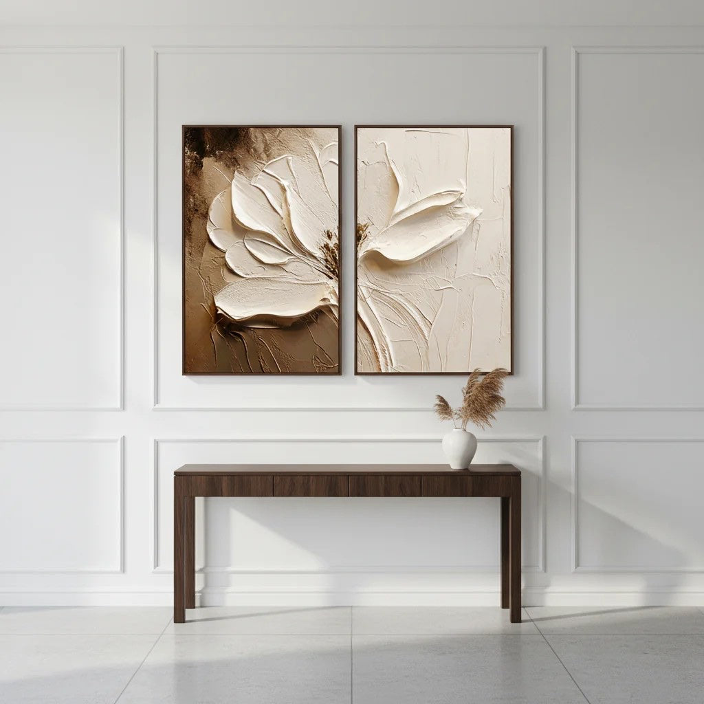 Neutral Boho Textured Floral Art Hand-Painted White Flower Diptych styled in a refined neutral room setting to show wall scale, calm proportion, and interior decor mood.