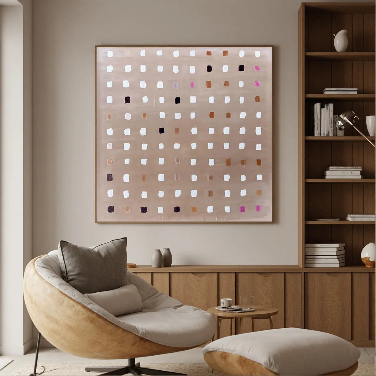 NEUTRAL HARMONY: Minimalist Abstract Grid Oil Painting | Minimalist closeup, raised brushwork detail