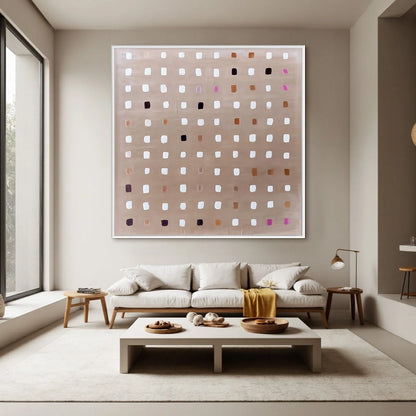 NEUTRAL HARMONY: Minimalist Abstract Grid Oil Painting | gold frame stretched on neutral wall