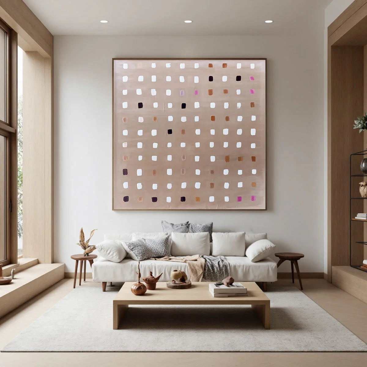 NEUTRAL HARMONY: Minimalist Abstract Grid Oil Painting | Minimalist mood, soft natural light studio shot