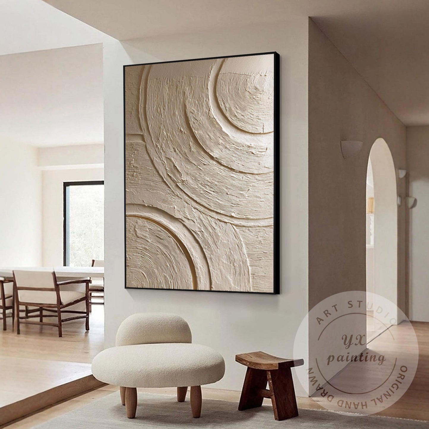 Neutral Textured Abstract Wall Art, Beige Circle Relief Painting, Minimalist Pla #2