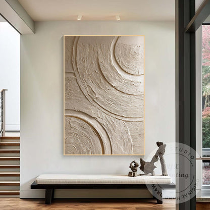 Neutral Textured Abstract Wall Art, Beige Circle Relief Painting, Minimalist Pla #3