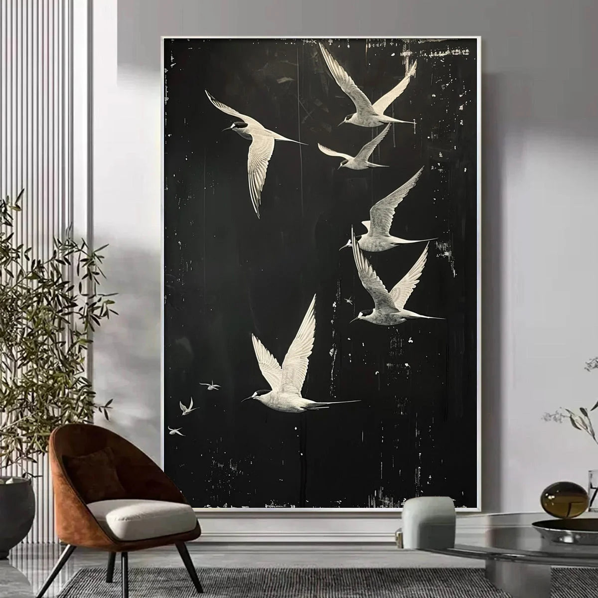 NIGHT FLIGHT: Monochromatic Birds in Flight Oil Painting | Figurative closeup, raised brushwork detail
