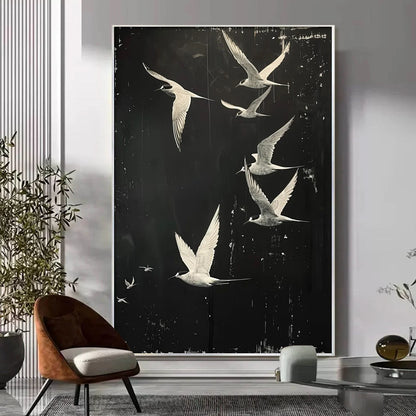 NIGHT FLIGHT: Monochromatic Birds in Flight Oil Painting | Figurative closeup, raised brushwork detail