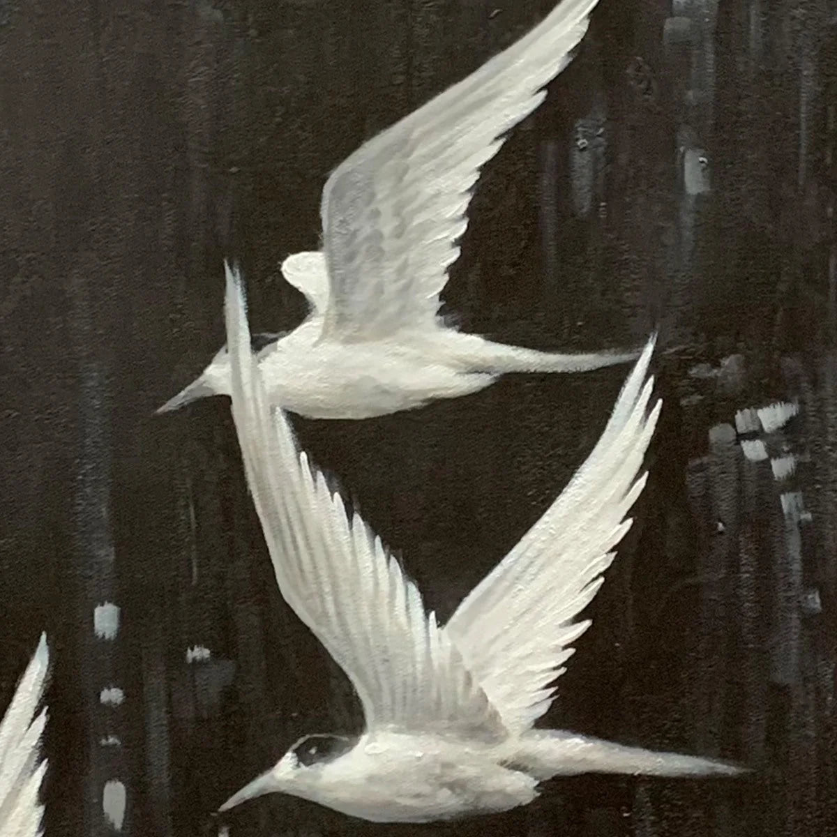 NIGHT FLIGHT: Monochromatic Birds in Flight Oil Painting | rectangular format, hand-painted canvas edge