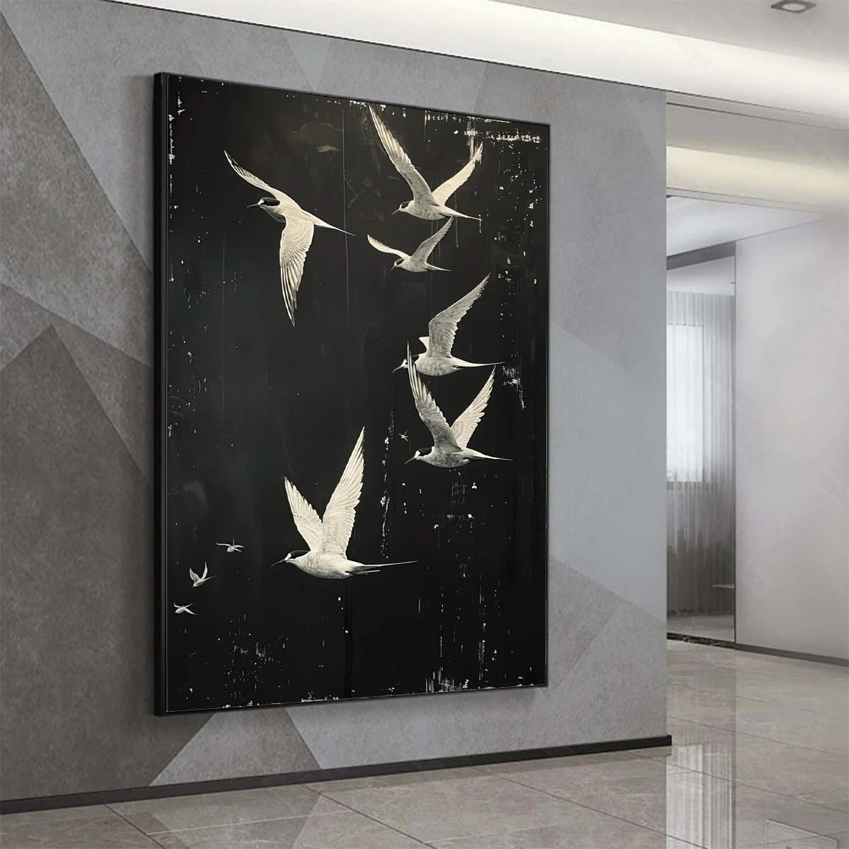 NIGHT FLIGHT: Monochromatic Birds in Flight Oil Painting | gold frame stretched on neutral wall