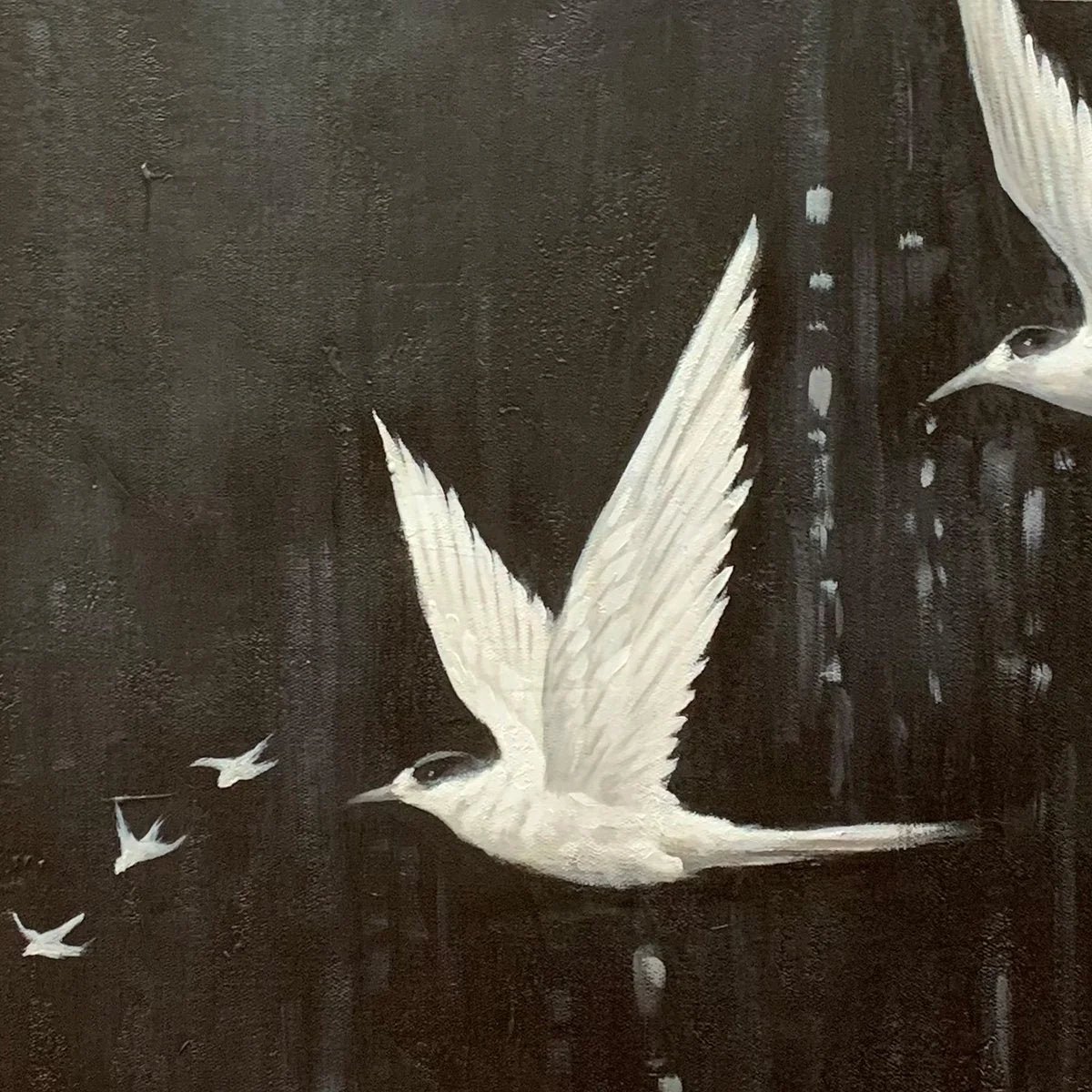NIGHT FLIGHT: Monochromatic Birds in Flight Oil Painting | rolled canvas, ready for custom framing